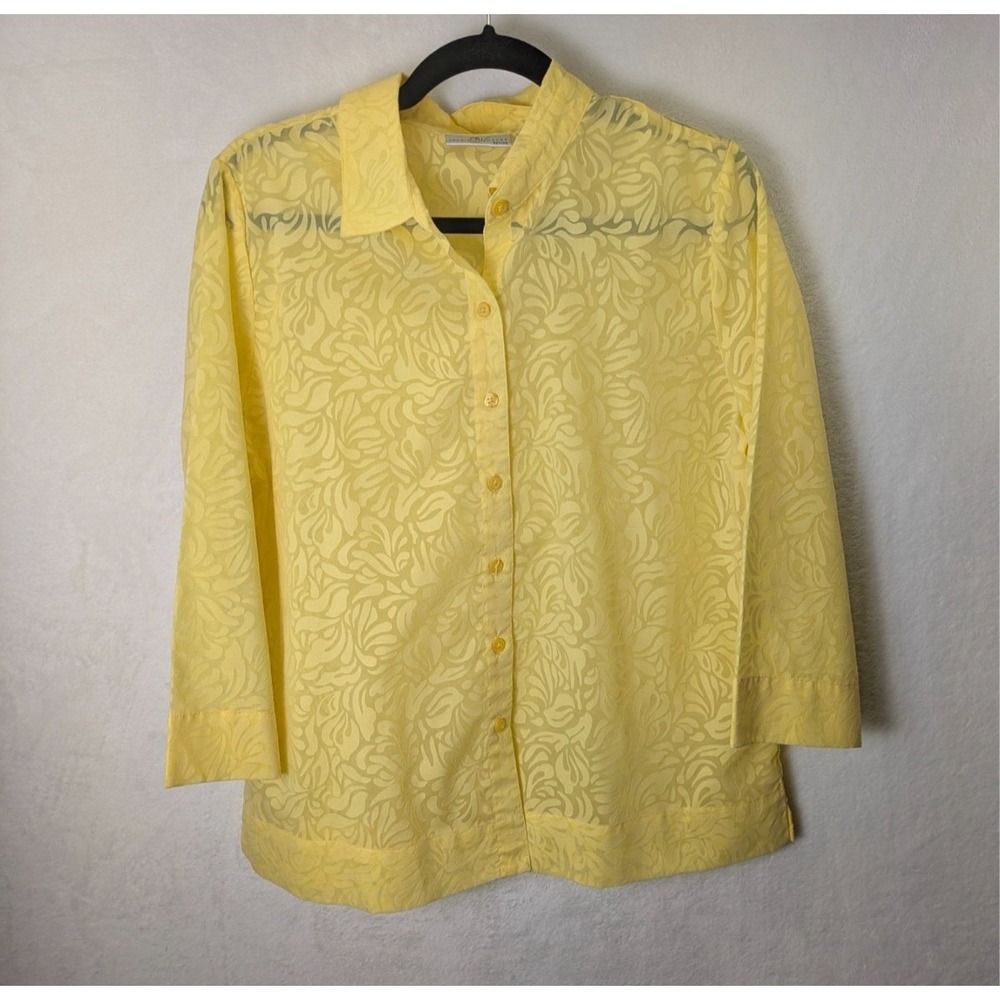 Studio Works Button Down Shirt Women PL Yellow Burnout Floral 3/4 Sleeve Top